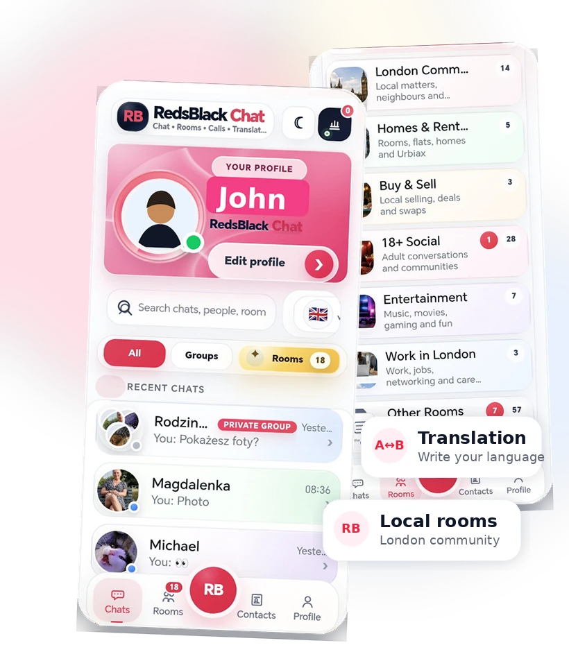 PetsBack Chat app preview showing chats, rooms and profile screen